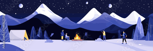 Night camping scene with people around campfire near tent under snow-capped mountains starry sky outdoor adventure summer vacation landscape flat vector illustration