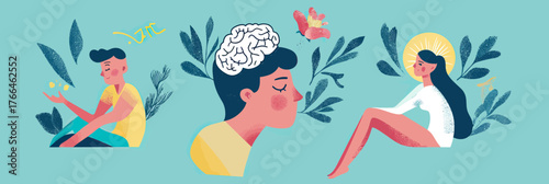 Mental health concept with diverse characters meditating and relaxed posture surrounded by leaves and nature elements flat vector illustration for wellness and mindfulness awareness
