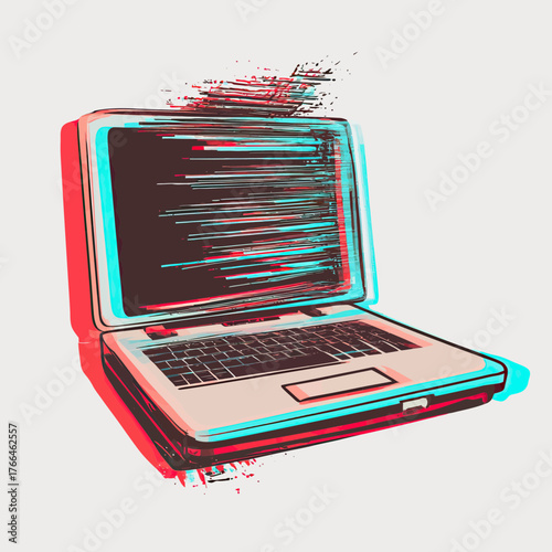 Glitch Distorted Vintage Laptop Computer with 3D Anaglyph Effect Digital Data Stream Retro Technology Vector Illustration