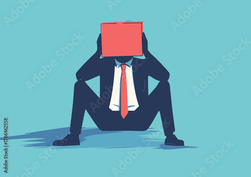 Businessman sitting on ground with red box covering head, corporate failure, stress, shame, and anxiety concept in minimalist flat style illustration