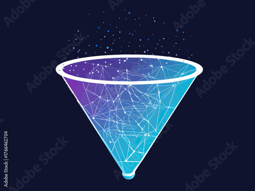 Digital sales funnel with glowing network connections and particle effects representing data filtering and marketing conversion in blue purple gradient colors on dark background
