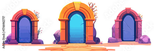 Colorful fantasy stone door arches with magical blue glowing portals, mystical ancient passageway entrance in cartoon flat style vector illustration