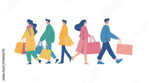 Group of five diverse people walking with shopping bags in colorful casual clothing flat minimalist vector illustration on white background