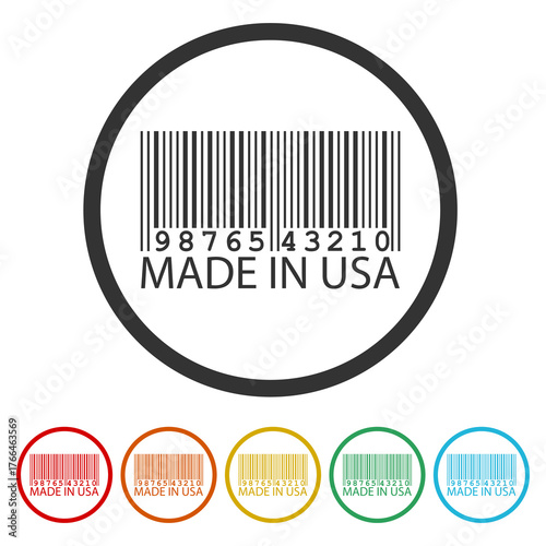 Barcode with label USA Made. Set icons in color circle buttons