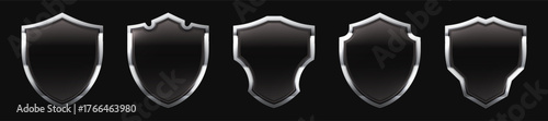 Set of five black shield icons with silver chrome borders