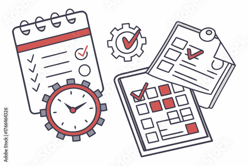 Clipboard, calendar, and clock with gears representing project management and workflow