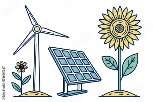 Renewable energy sources solar panel, wind turbine, and sunflowers