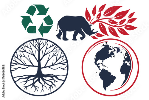 Recycling symbol, rhino, tree of life, and planet earth