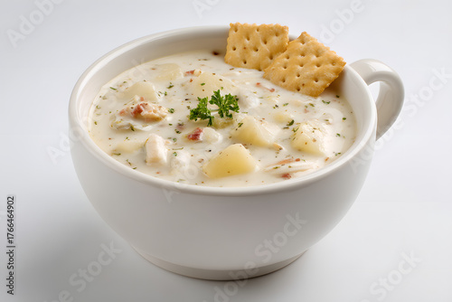 Perfectly Styled New England Clam Chowder in White Bowl with Crackers on Top and Fresh Garnish