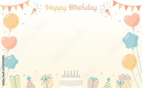 黄色い誕生日カードの背景イラスト :フレームの中にケーキと風船とプレゼントとクラッカーを描いたデザイン