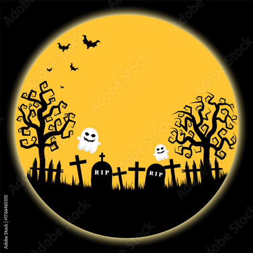 Haunted Graveyard Scene And Dead Tree On A Full Moon Night