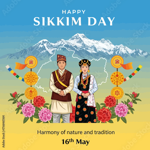 Sikkim Day Celebration with Traditional Attire and Mountain Backdrop.