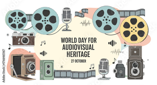 Celebrate World Day for Audiovisual Heritage on October 27th with vintage cameras, film reels, and microphones