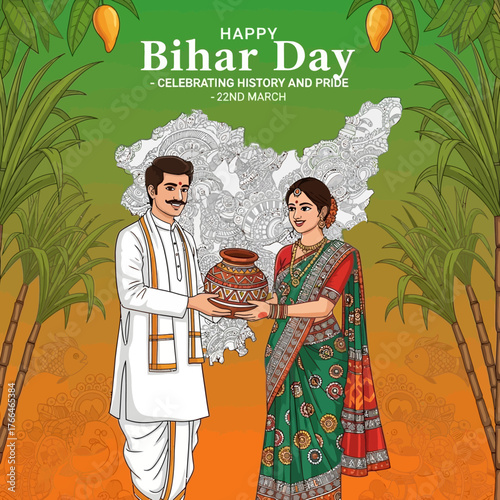 Bihar Day Celebration - A Couple Holding a Traditional Pot.