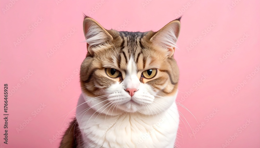 Fototapeta premium Portrait of a brown tabby cat with white chest on a pink background, looking directly at the camera