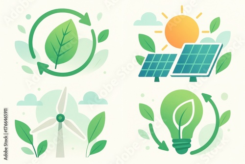Illustration of Renewable Energy Concepts Featuring Solar Panels, Wind Turbines, and Eco-Friendly Symbols