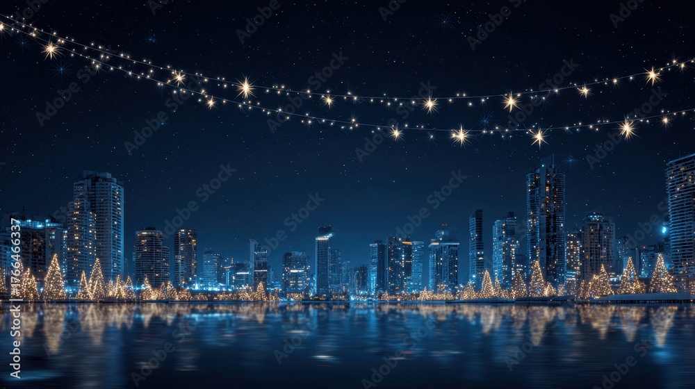 Fototapeta premium Nighttime city skyline with illuminated skyscrapers and reflected starscape