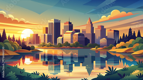 Very beautiful, sunrise over West Sacramento, golden light illuminating the city skyline, calm river reflections, peaceful morning atmosphere, soft clouds, and serene urban landscape awakening under a