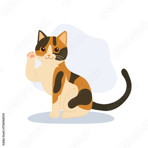 friendly cute calico cat waving paw. cat maneki neko style. cute pet mascot japanese luck symbol.
