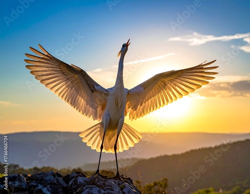 Bird with outspread wings against a beautiful sunset