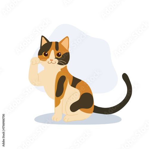 a cute calico cat raising one paw. sitting calico cat.  japanese maneki neko waving paw