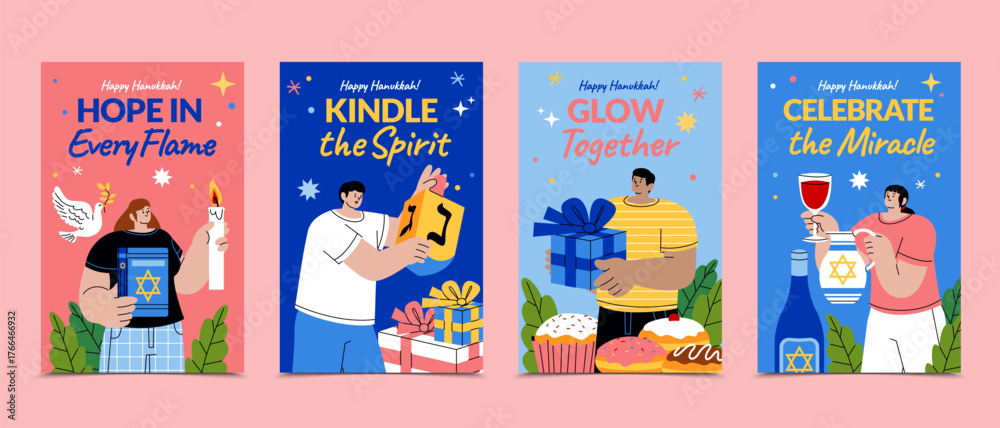 Fototapeta premium Hanukkah vertical greeting cards with traditions gifts and symbols in hand-drawn flat cartoon style
