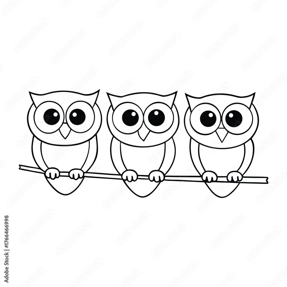 Fototapeta premium Three adorable owls sit side by side on a tree branch, their big eyes wide with wonder. Surrounded by leaves, this charming coloring page brings woodland cuteness to life. 