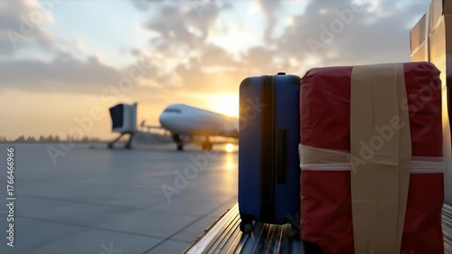 This is a video showcasing suitcases and boxes being loaded onto a luggage cart near a passenger airplane at the airport during sunset. Luggage is being prepared for transport