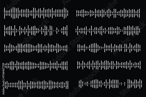 Podcast sound waves and audio soundwave of voice message records, vector icons. Podcast sound waves for online audio streaming and podcasting or music player and mobile phone voice message soundwaves