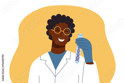 Male scientist with DNA test tube. Concept of genetics, science, biotechnology and STEM education concept. Vector flat clipart.