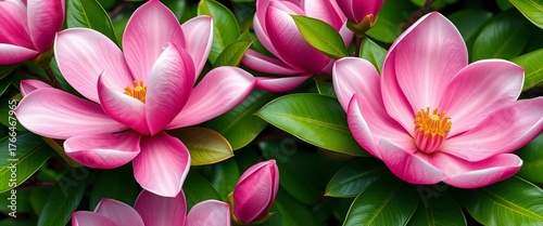 Elegant magnolia blossom pattern, showcasing delicate petals and lush greenery, magnolia, fabric