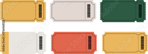 ticket coupon icon vector set, event voucher admission template, retro barcode blank tag design