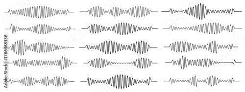 Podcast sound waves and audio soundwave of voice message records, vector icons. Podcast sound waves for online audio streaming and podcasting or music player and mobile phone voice message soundwaves