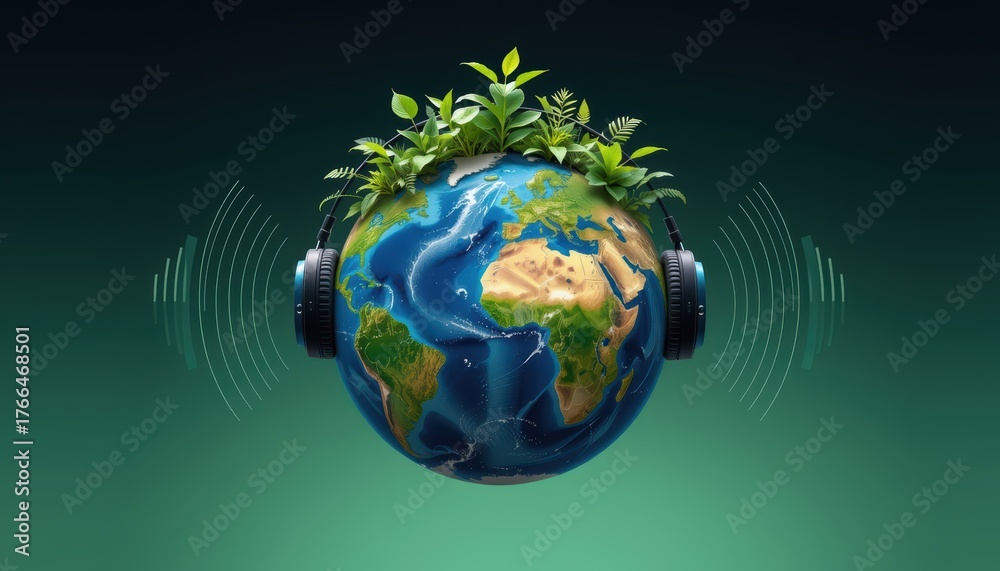 Naklejka premium A globe with headphones, symbolizing harmony between nature and music.