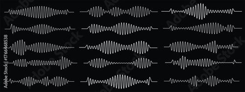 Podcast sound waves. Audio waveforms line icons, sound wave frequency or voice microphone signals. Music, podcast and broadcast, UI and audio branding design. Isolated vector set