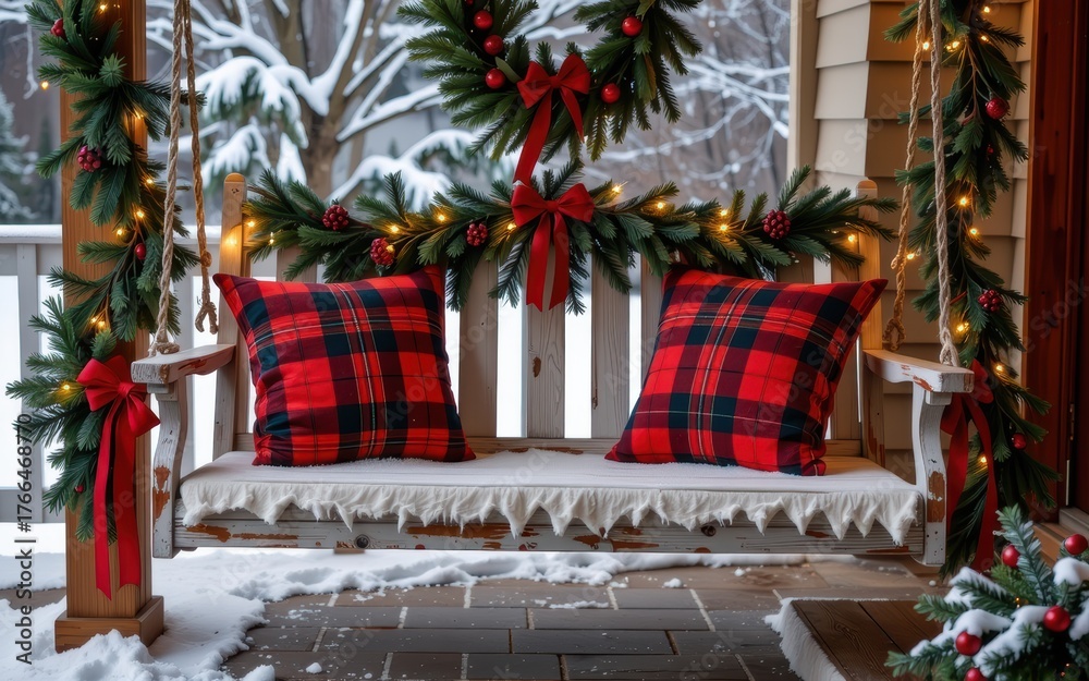 Fototapeta premium Cozy porch swing adorned with festive decorations and plaid pillows in a snowy setting.