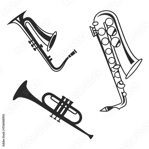 Illustration of a trumpet, saxophone, and clarinet musical instruments in black and white drawing style created with generated ai