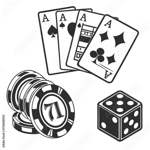 Illustration of three ace playing cards with casino chips and a dice for gambling concept art design created with generated ai