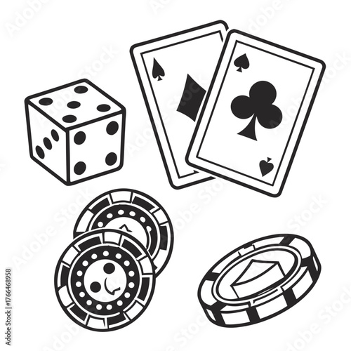 Illustration of a die, playing cards with spade, diamond, and club, and poker chips in black and white created with generated ai