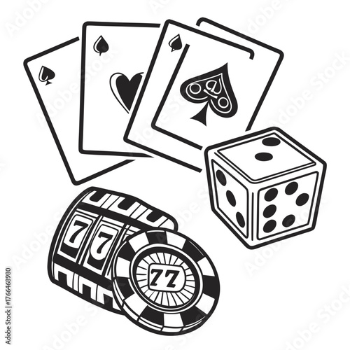 Illustration of casino elements including playing cards, dice, slot machine and casino chips design is 100 created with generated ai