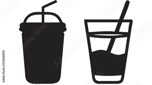 Two drinks one in a plastic cup with a straw and the other in a glass with a straw in black and white created with generated ai