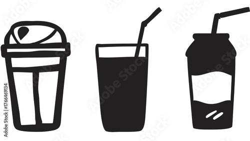 Three black and white drink icons with straws and lids in a simple vector graphic design style created with generated ai