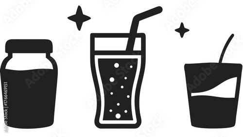 Three black and white drink icons including a jar a glass with a straw and a short glass with a straw created with generated ai
