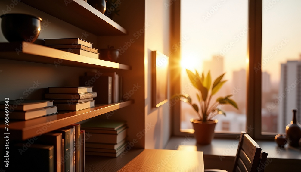 Fototapeta premium Cozy home office at sunset with bookshelf and indoor plant in modern apartment with copy space; tranquil workspace