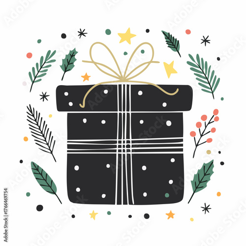 black Christmas gift. Naive style kid's drawing. 