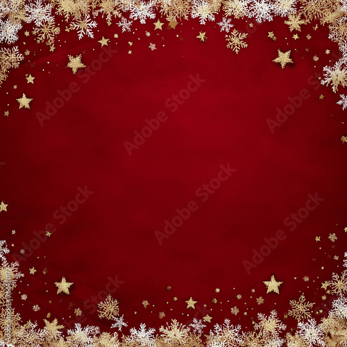 Red Christmas background with golden star confetti frame
