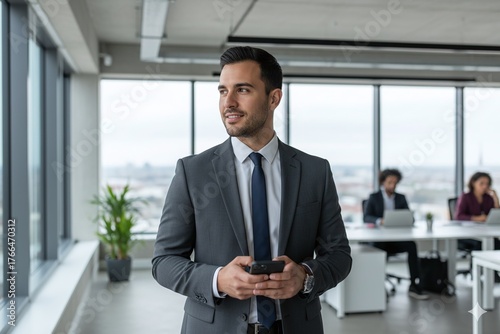 Smiling confident businessman in formal suit standing in modern office