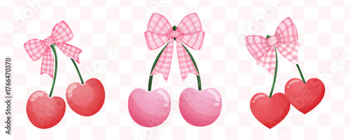 Red coquette cherries with pink ribbon bow, aesthetic watercolor hand drawing Retro Coquette Seamless Pattern Playful Red Cherries with Pink bow Minimal isolated on background