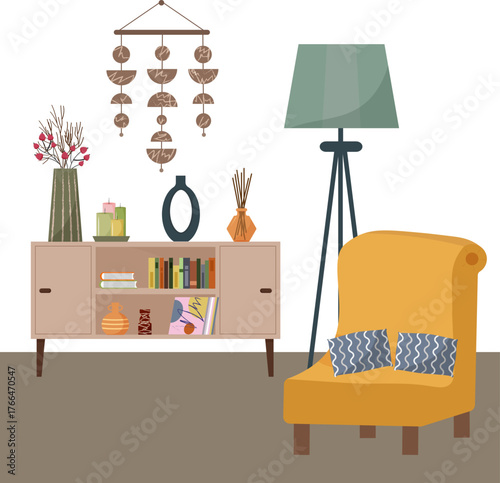 Cozy living room interior with armchair, cabinet, lamp, and decor. Modern home furnishing style for comfortable domestic life and relaxation. Vector illustration