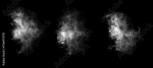 White smoke or mist cloud isolated on black background, realistic fog texture effect for photo editing, design overlay, or Halloween theme. Ideal for vapor, steam, or ghostly atmosphere visuals.